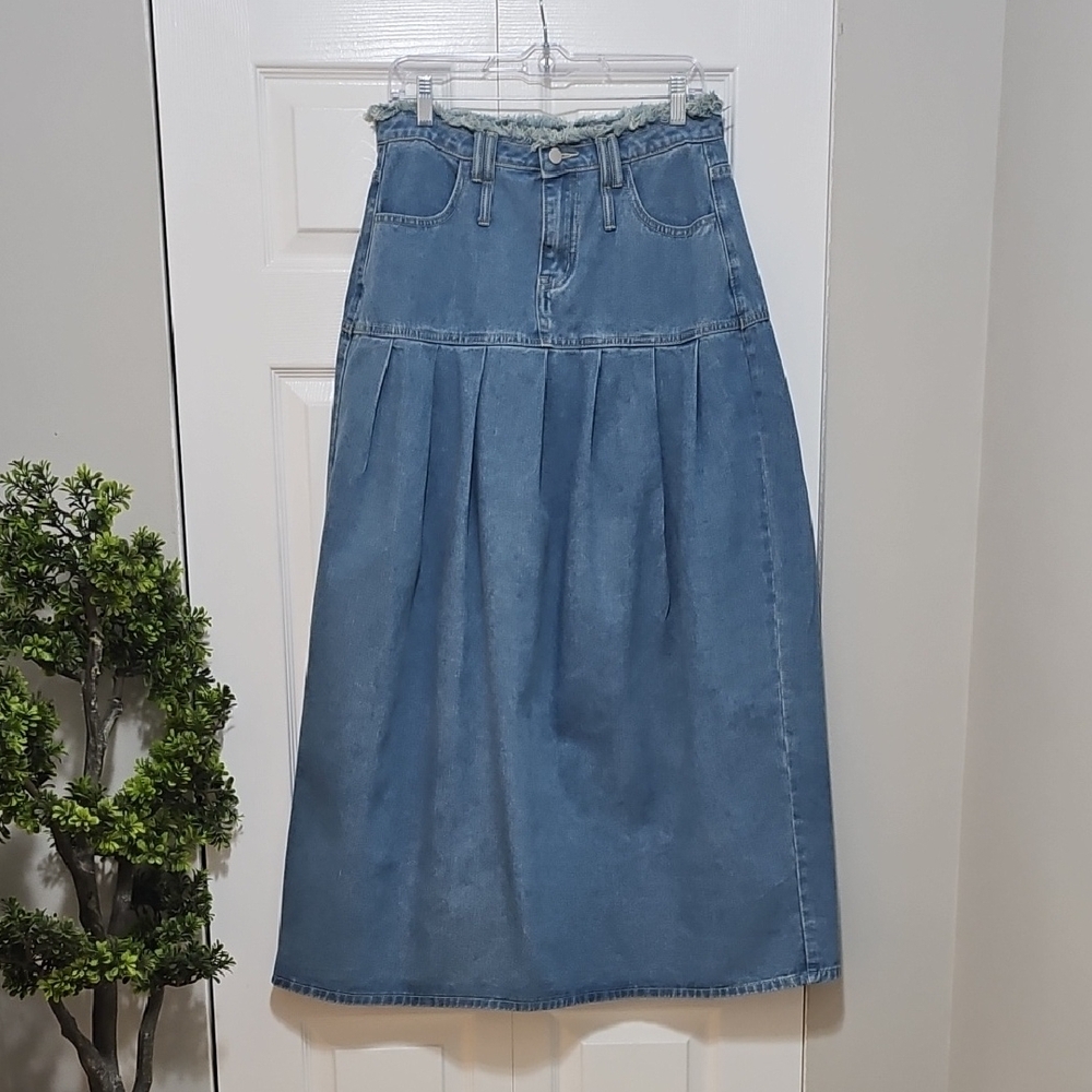 Denim  Pleated A-Line Maxi Skirt